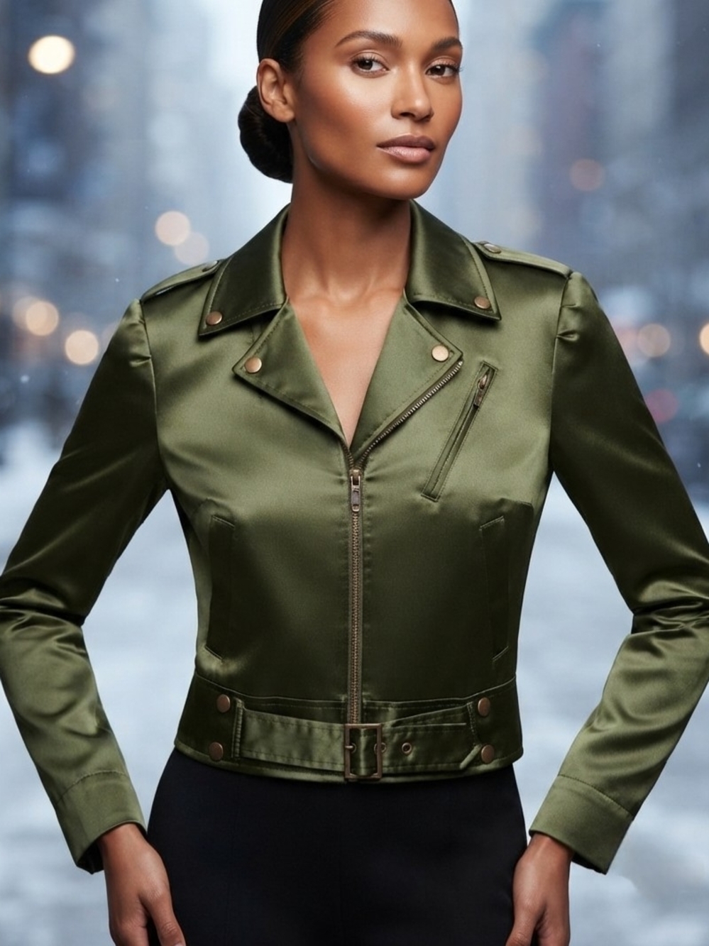 Artelier Nicole Miller Olive Green Satin Moto Jacket Size:M